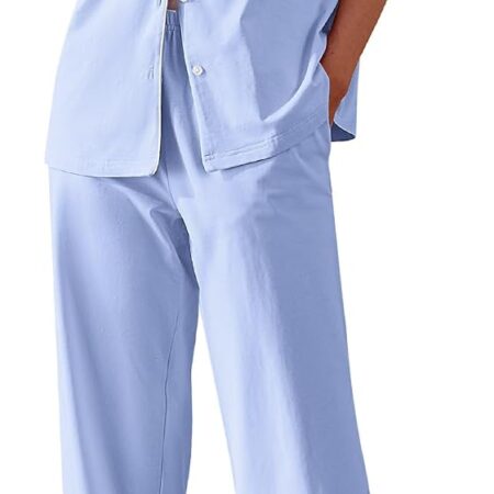 Cotton Short-Sleeve Button-Down Pajama Set (with Long Pants)
