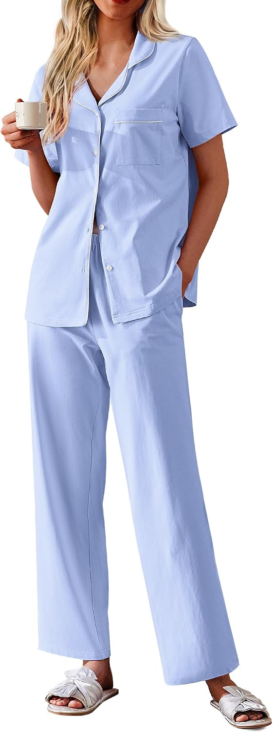 Cotton Short-Sleeve Button-Down Pajama Set (with Long Pants)