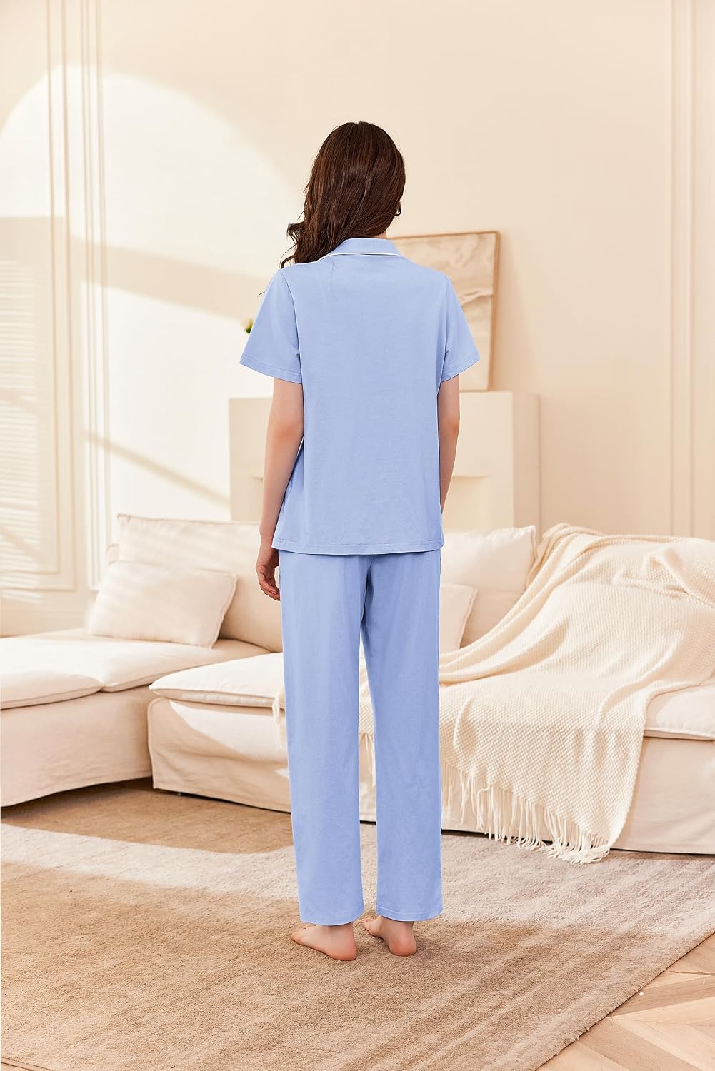Cotton Short-Sleeve Button-Down Pajama Set (with Long Pants) - Image 2